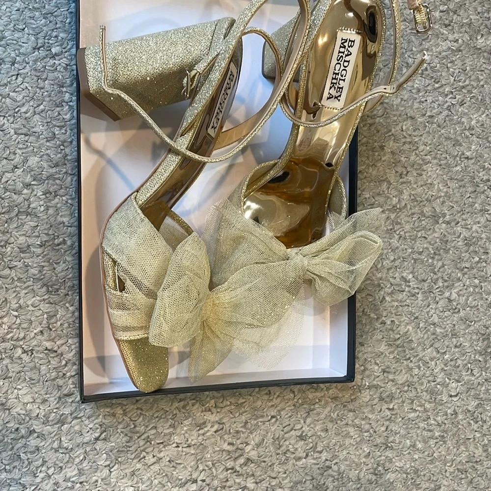 Gold Glitter Block Heel Sandals - Picture 4 of 9